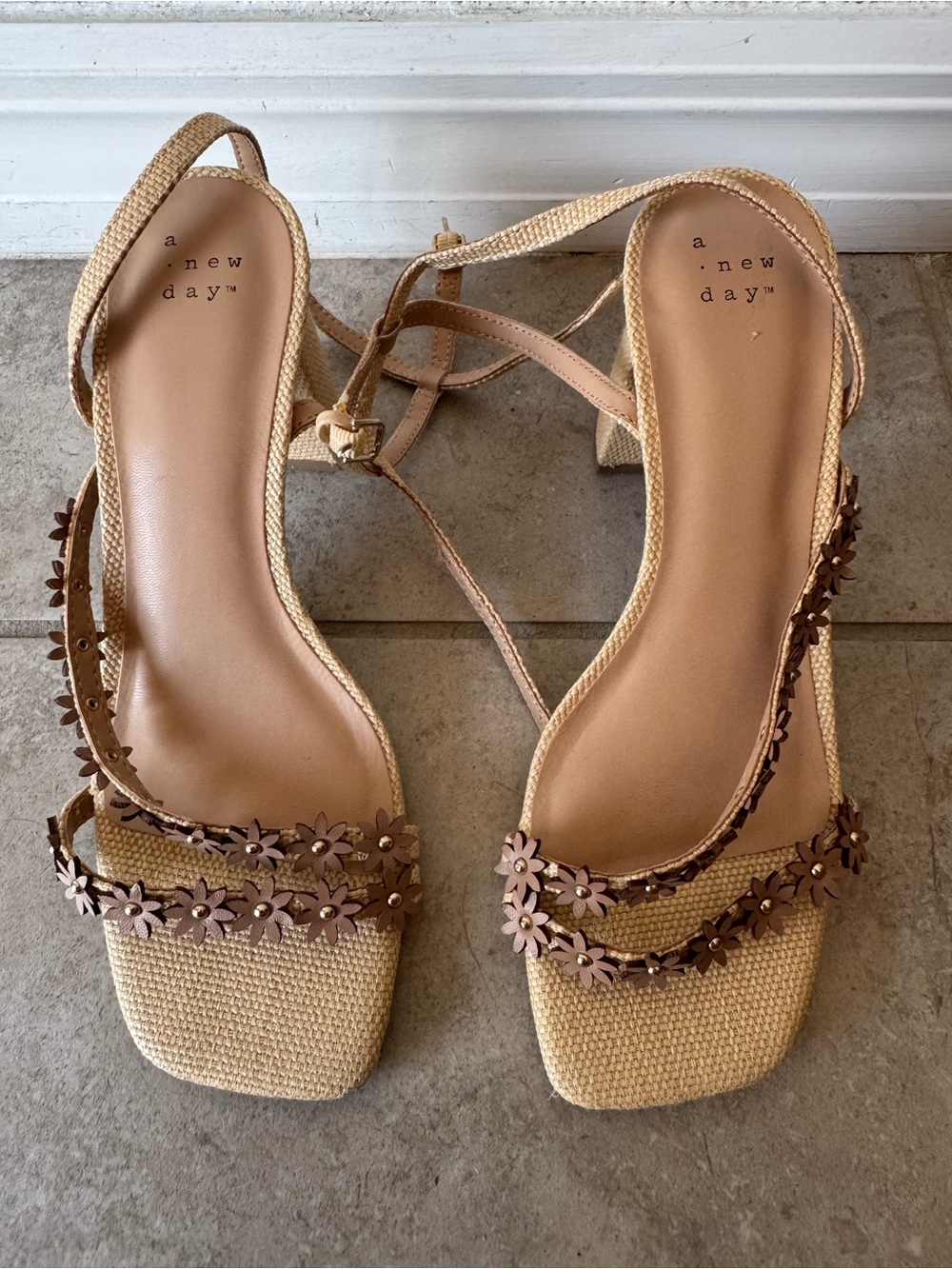 a new day Tan Woven Block-Heel Sandals with Floral Straps